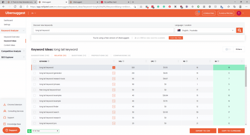 screenshot of "long tail keyword" results on ubersuggest showing volume, CPC, PD, and difficulty.